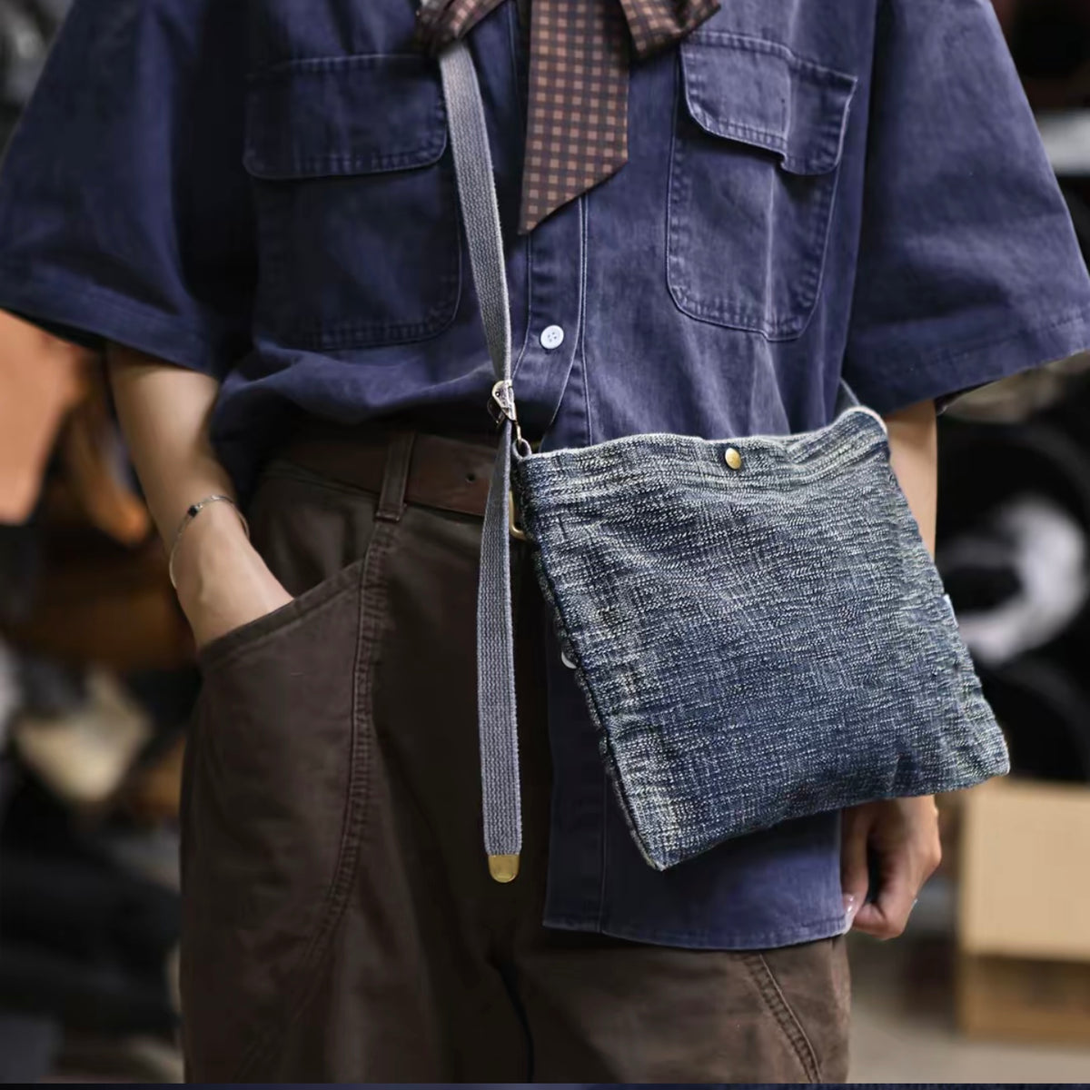 Blue Small Denim Crossbody Bag for Men Small Messnger Bag Womens