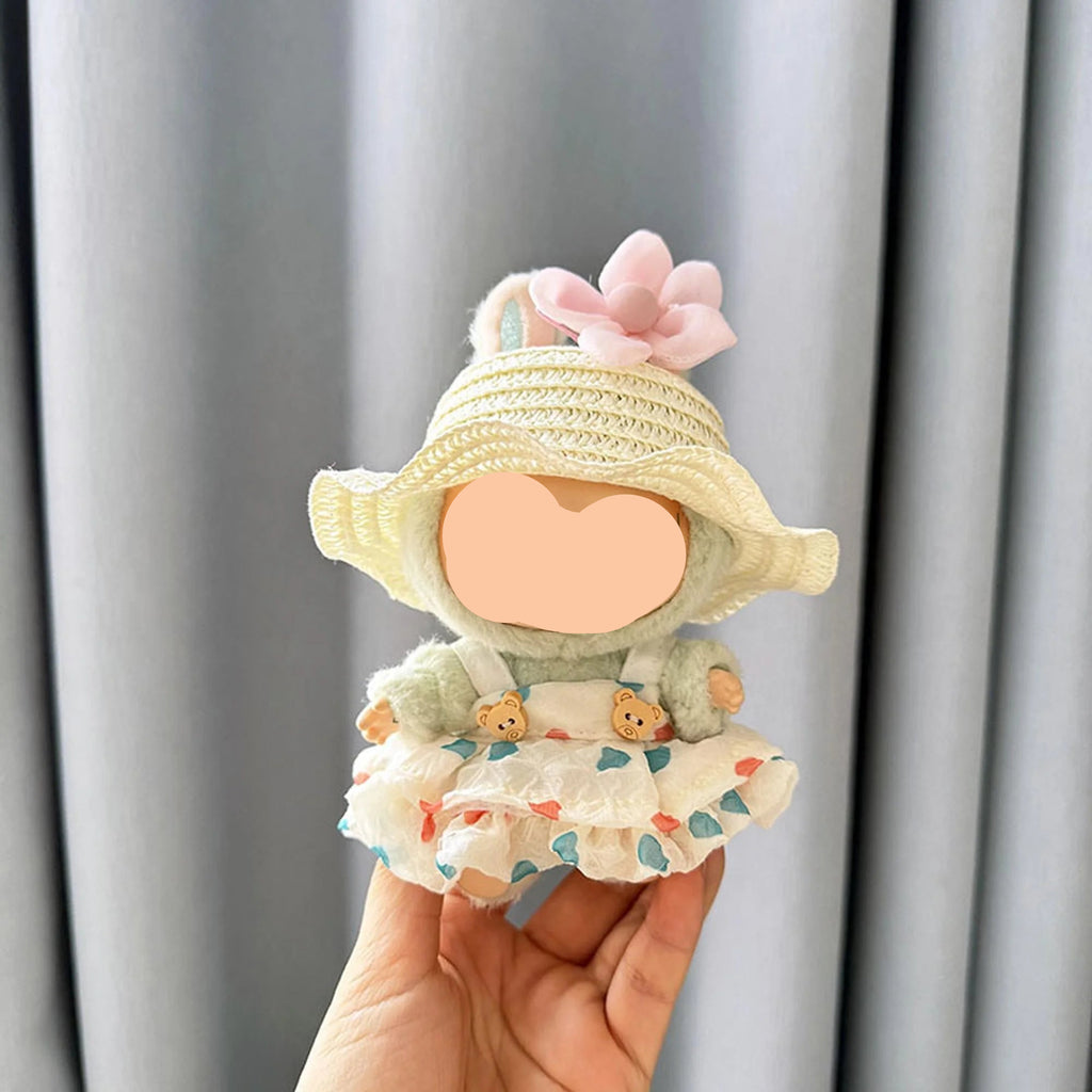Summer Labubu Clothes Suspender Dress + Straw Hat Labubu Outfits Girl Keychain Labubu Clothing