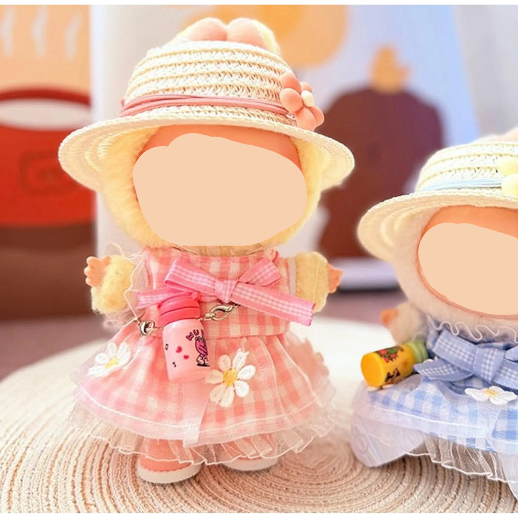Summer Labubu Clothes Plaided Dress + Straw Hat Girl Labubu Outfits Keychain Labubu Clothing
