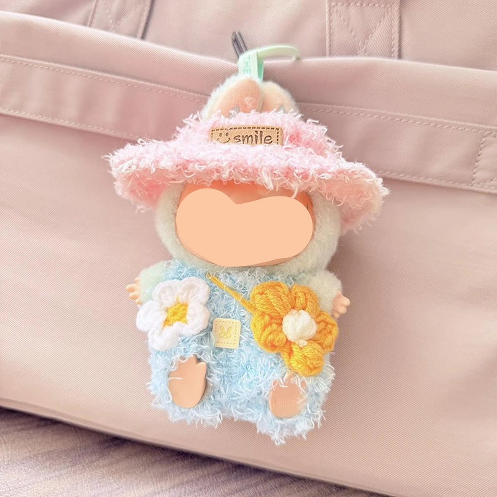 Winter Labubo Clothes Blue Overalls + Pink Hat Girl Labubo Outfits Keychain Labubo Clothing