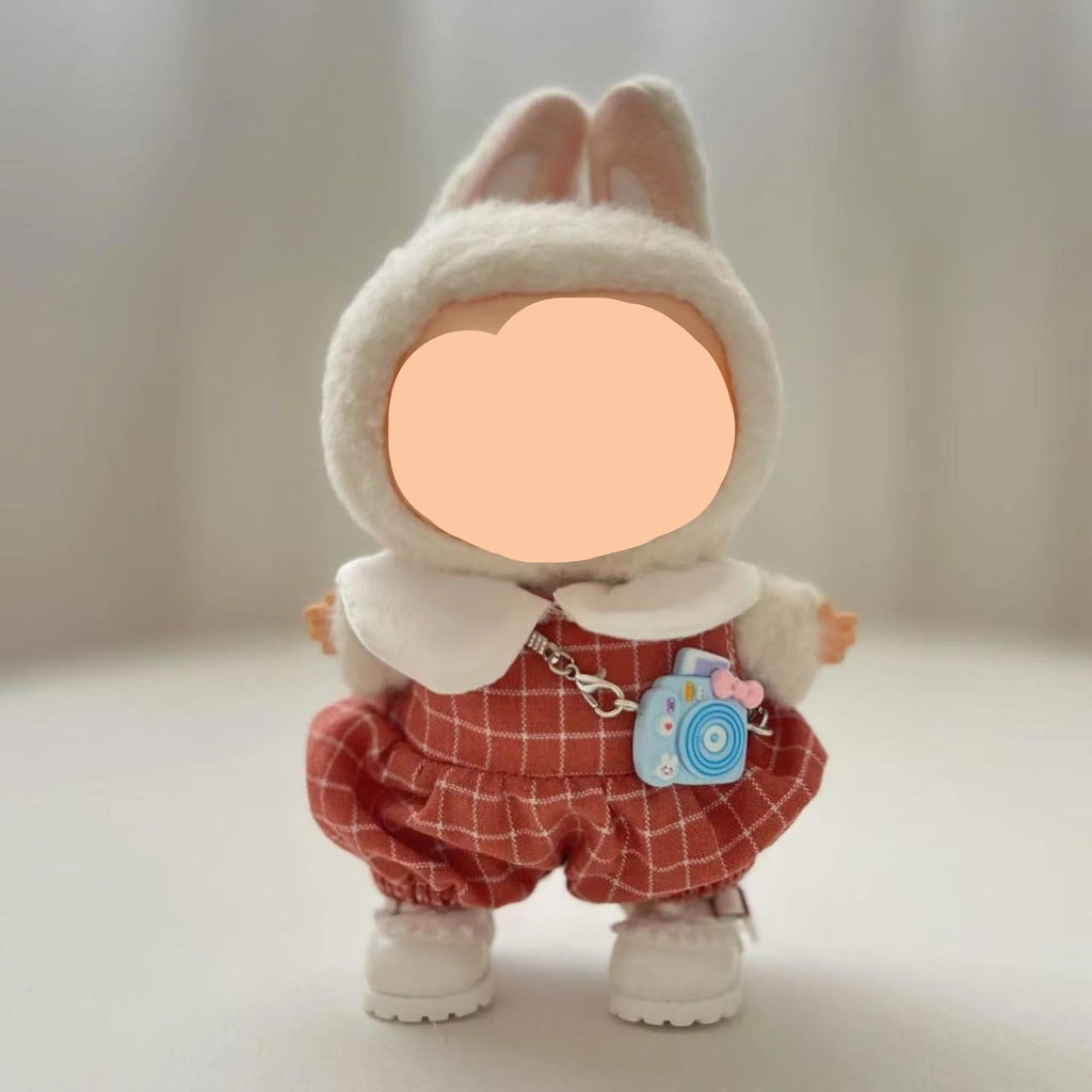 Spring Labubo Clothes Red Plaided Overalls Girl Labubo Outfits Keychain Labubo Clothing