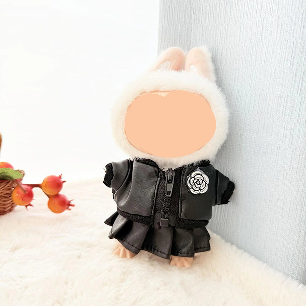 Spring Labubu Clothes Black Leather Jacket + Skirt Labubu Outfits Keychain Labubu Clothing