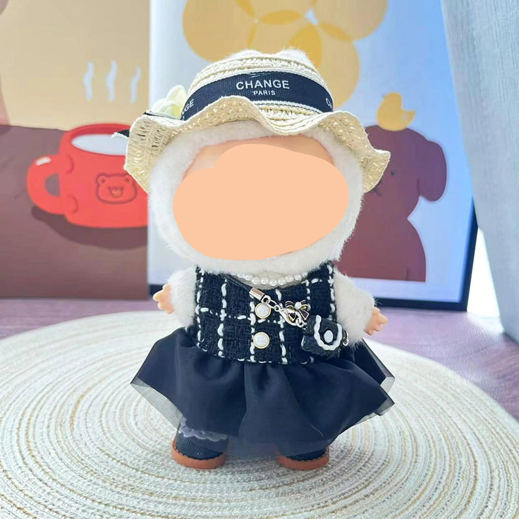 Summer Labubu Clothes Navy Tweed Dress + Straw Hat Girl Labubu Outfits Keychain Labubu Clothing