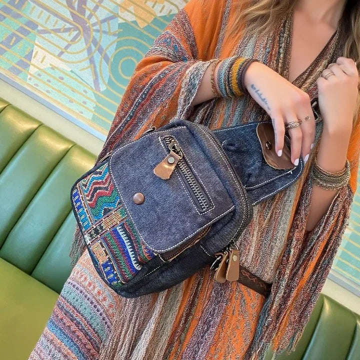 Boho Canvas Sling Bag Crossbody Backpack Canvas Embroidery Boho
