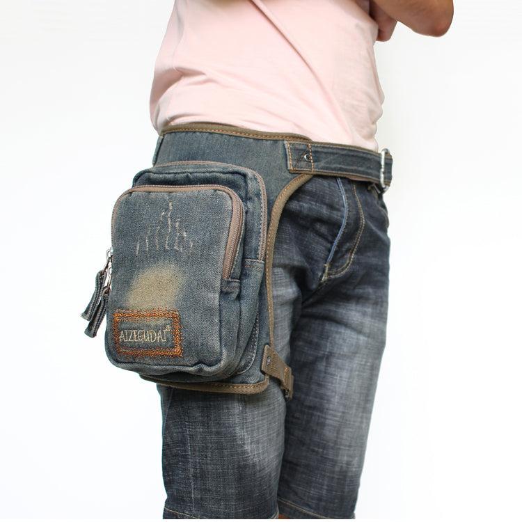 Blue Denim Bag With Leg Strap Waist Bag Drop Leg Bag Mens Denim