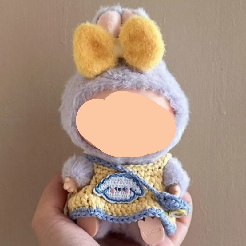Summer Crochet Labubo Outfits Crochet Blue Dress Accessories Fashion Labubo Outfit Keychain Labubo Clothing Hairbow + Yellow Dress + Bag
