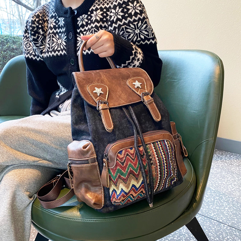 Womens Vintage Boho Style Backpack Black Gray Embroidery Canvas Backpa – Feltify