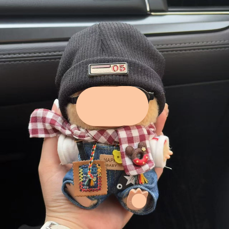Winter Labubu Outfits Denim Overalls + Beanie Street Wear Fashion Labubu Outfit Keychain Labubu Clothing