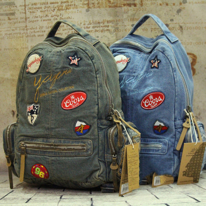 Vintage Blue Denim Womens Backpacks Bag School Backpack With Stickers Vintage Denim Backpack For Women