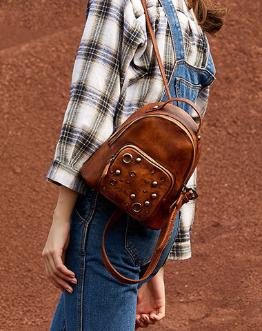 brown leather backpack for women Ella Mini Whether you use the backpack straps or grab it by the top handle Best Vintage Rivet Brown Leather