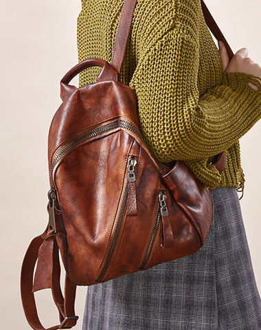 Vintage Brown Leather Rucksack Bag Womens Best School Backpack Ladies Leather Backpack Purses