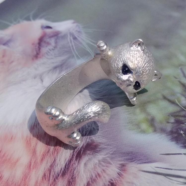 Handmade Silver Ring Kitty Cat Unique Cute Adjustable Wrap Ring Christmas Gift Jewelry Accessories Women