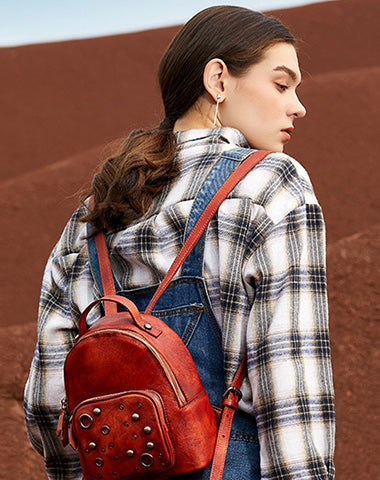 Best Vintage Rivet Brown Leather Rucksack Bag Womens Small School Back – Feltify