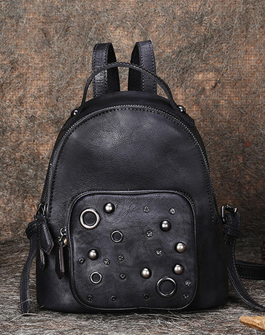 black rivet leather backpack Best Vintage Rivet Black Gray Leather Rucksack Bag Womens Small School – Feltify