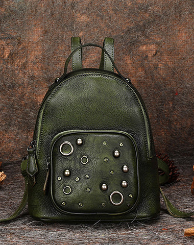 best ladies leather backpack Best Vintage Rivet Green Leather Rucksack Bag Womens Small School Back –  Feltify
