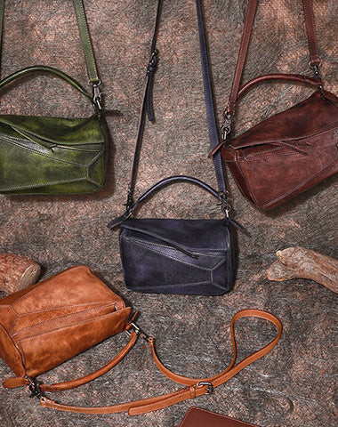 Vintage Green Leather Womens Cube Shoulder Bag Handmade Geometry