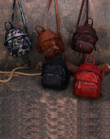 Best Vintage Rivets Leather Rucksack Bag Womens Small School Rucksack Leather Backpack Purse