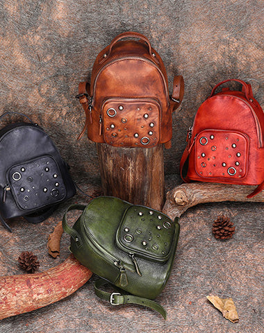 Best Vintage Rivet Leather Rucksack Bag Womens Small School Backpacks – Feltify
