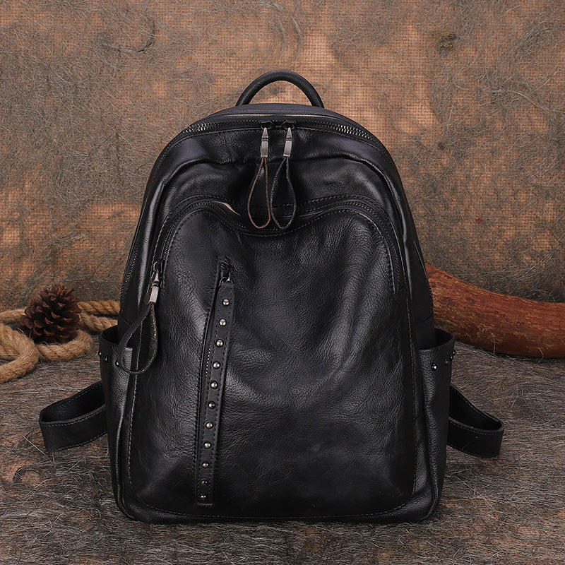 Best Black Gray Leather Rucksack Bag Womens Vintage School Backpack With Rivet Leather Backpack Purse