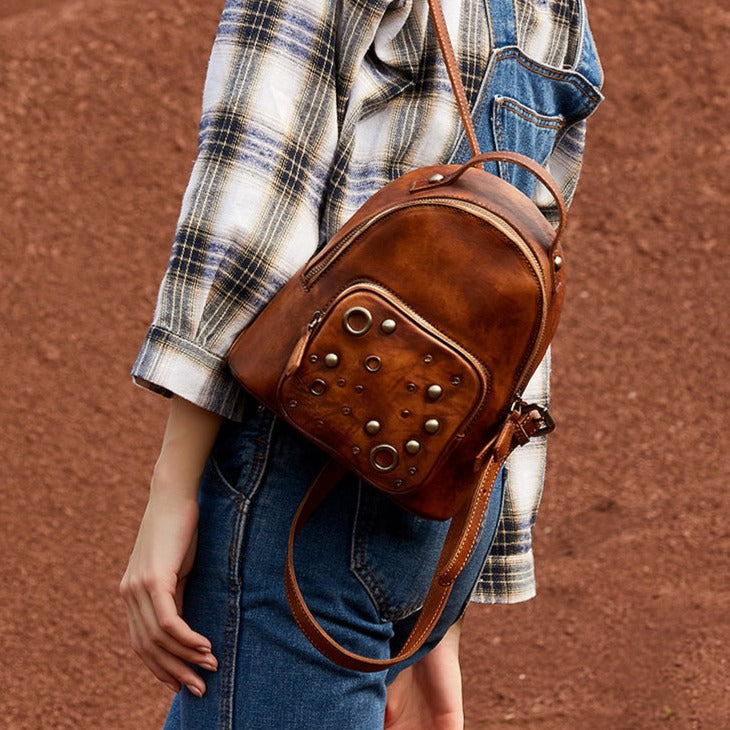 cheap brown leather backpack purse 966 Small side entry Match your mini Leather Backpack Women Designer Backpack