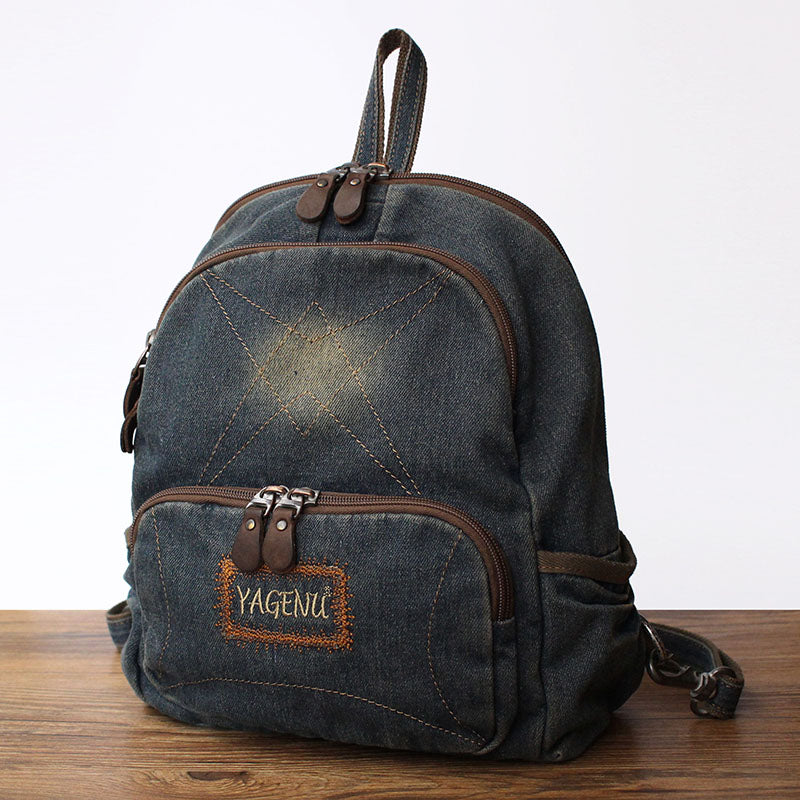 denim backpack with leather Vintage Denim Backpack School Backpack Bag Womens Blue Denim School Rucksack For Women
