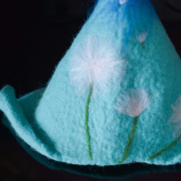 Handmade felted needle felted Blue dandelion witch wool Hat Halloween costume witch costume