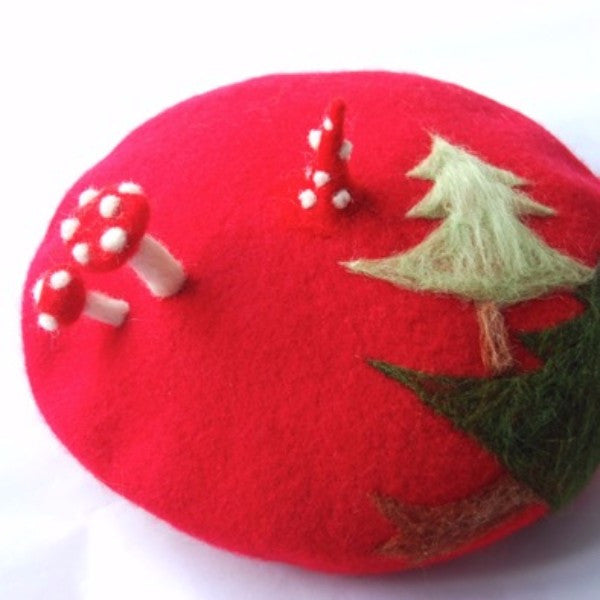 Handmade felted needle felted Christmas red Christmas tree wool Hat beret winter hat