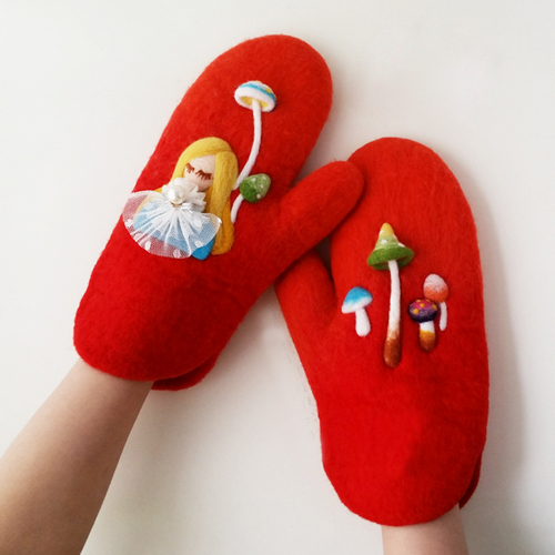 Handmade needle felted felted cute red gloves Alice in Wonderland