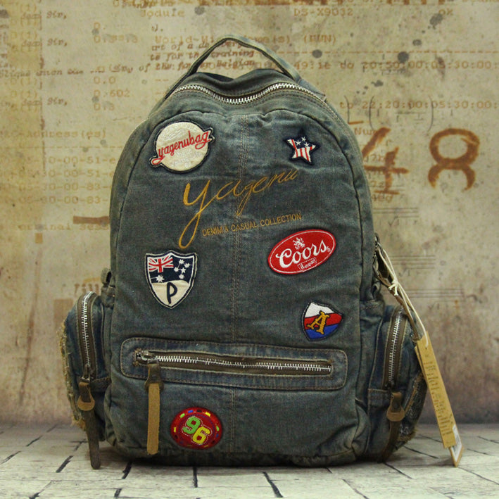 Vintage Blue Denim Womens Backpack Bag School Backpack With Stickers Vintage Denim Backpack For Women