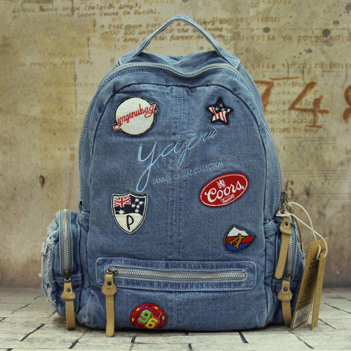 Denim Womens Backpack School Backpack Bag With Stickers Vintage Denim Blue Backpack For Women