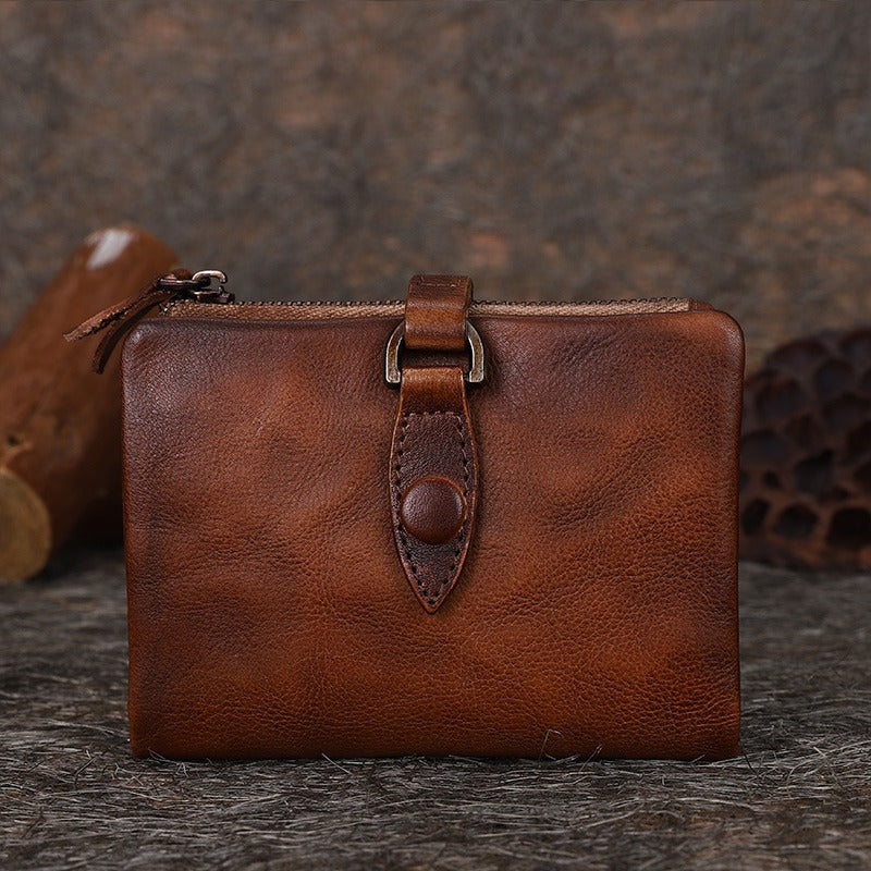 Brown Small Wallet Bifold Wallet Leather Wallet Vintage Billfold Women  Wallet with Buckle For Ladies