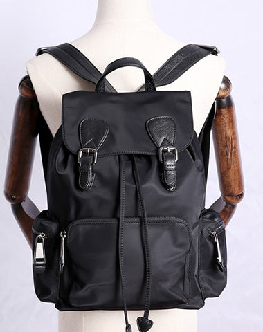 Black Nylon Backpack Womens School Backpacks Bag Nylon Leather Travel Rucksack for Ladies