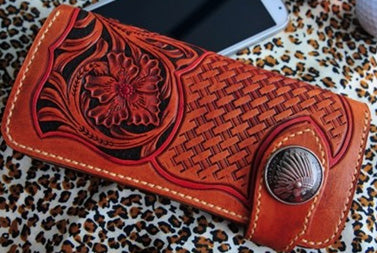 Tooled Leather Wallet, Biker Wallet, Leather Tooling Patterns​ - Free Leather Pattern PDF