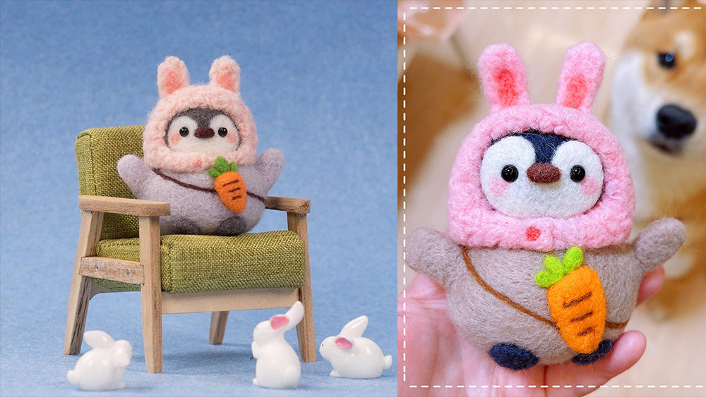 Needle Felting Tutorial For Beginners | Needle Felting Cute Penguin With Bunny Hat | Needle Felting ASMR | Needle Felting Animals Tutorial