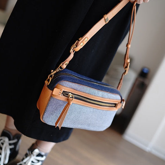 Denim Small Phone Bag Two-tone Denim Leather Crossbody Bag Small Jean Shoulder Bag - Feltify
