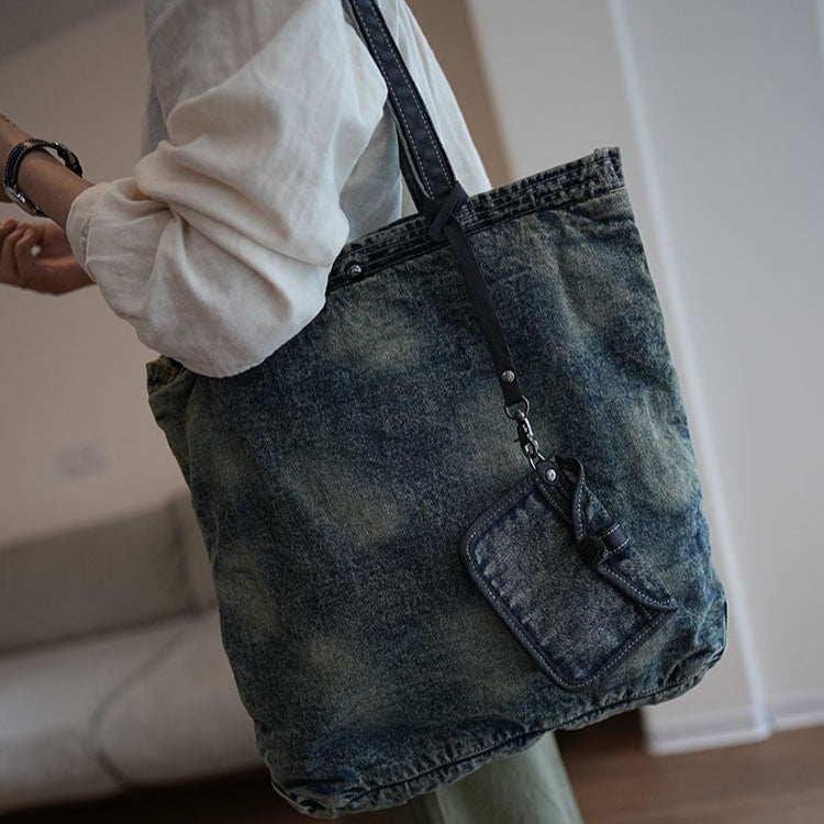 Large Denim Tote Denim Shoulder Bags Blue Jean Shoulder Bag Large Jean Tote Bag - Feltify