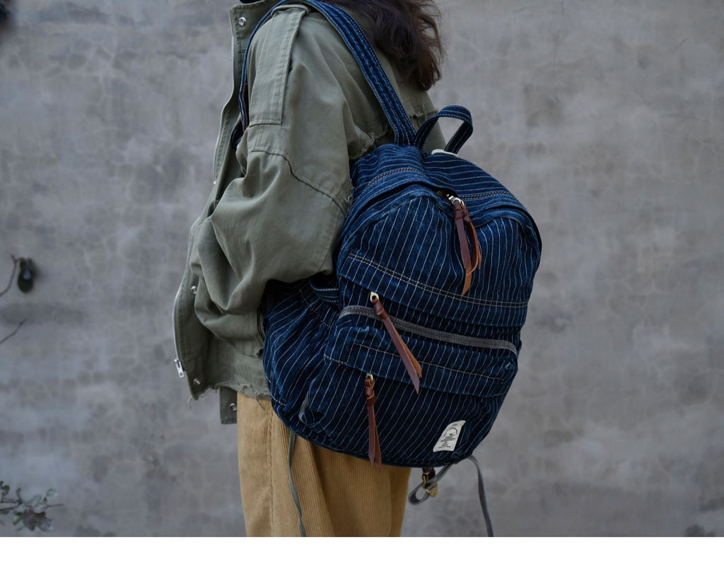 Blue Denim Backpack for Women Striped Jean Backpack Mens Striped