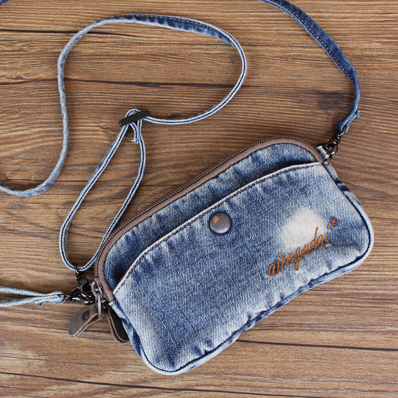 Denim Small Phone Bag Denim Wristlet Bag Blue Small Jean Shoulder Bag Jean Mini Crossbody Bag