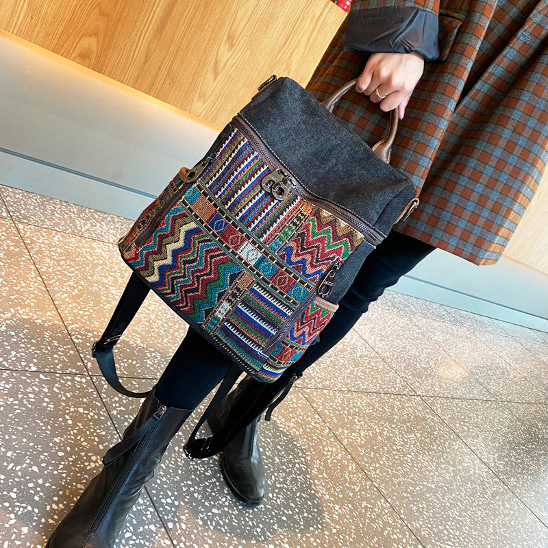 Vintage Convertible Large Boho Style Backpack Black Gray Embroidery Canvas Backpack Boho Crossbody Bag - Feltify