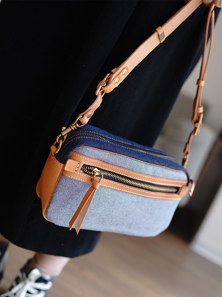 Two-tone Denim Leather Crossbody Bag Denim Small Phone Bag