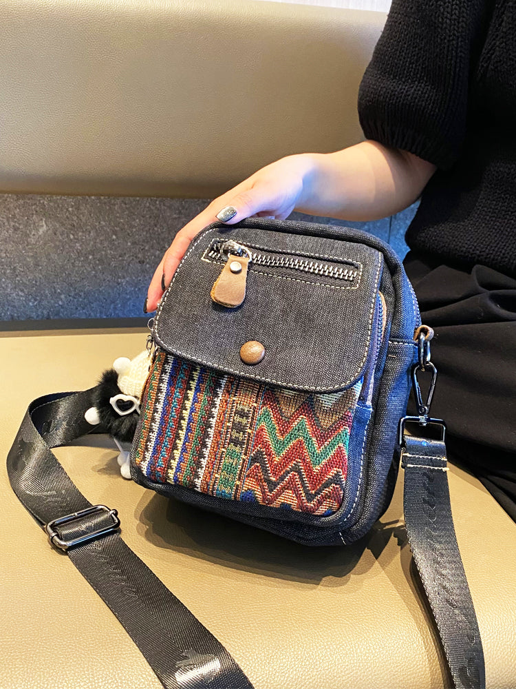 Canvas Sling Backpack Purse with Embroidery, Travel Crossbody Bag for Women Women Navy Blue Waterproof Canvas Sling, Chest Bag, Backpack  main image 3