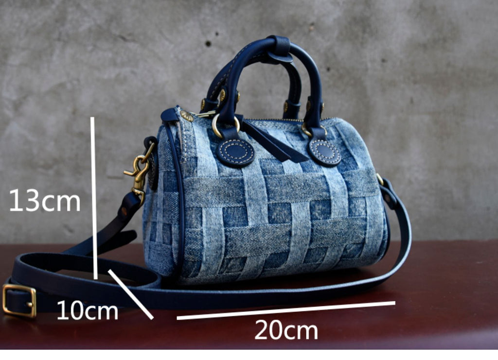Small Denim Boston Bag Denim Handbags for Women Blue Denim