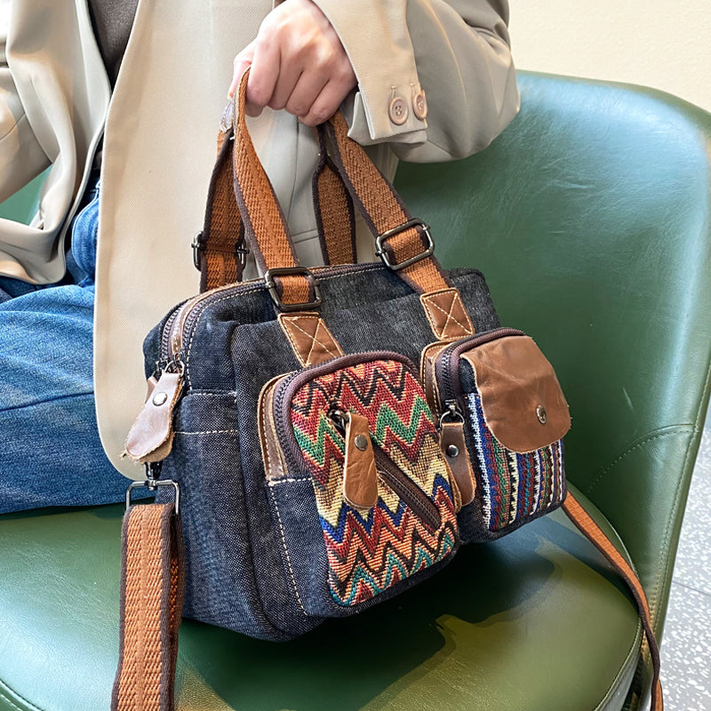 Black Gray Denim Crossbody Bags Embroidery Jean Bag Black Gray Denim HandBags Jean Shoulder Bag - Feltify
