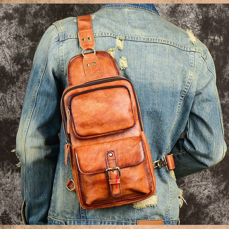 Brown Leather Chest Bag for Men Mens Chest Crossbody Bag Leather Cross Chest Bag Men's - iwalletsmen