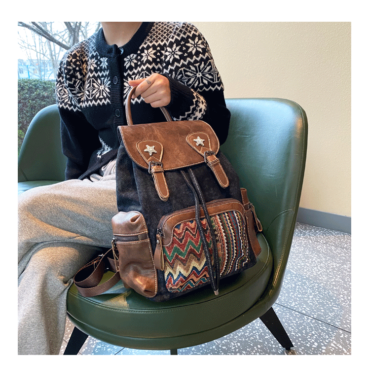 brown leather boho backpack Womens Vintage Boho Style Backpack Black Gray Embroidery Canvas Backpack  Boho Backpack