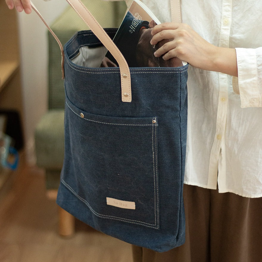 Mens Denim Blue Vertical Tote Bag Minimalist Denim Shoulder Tote