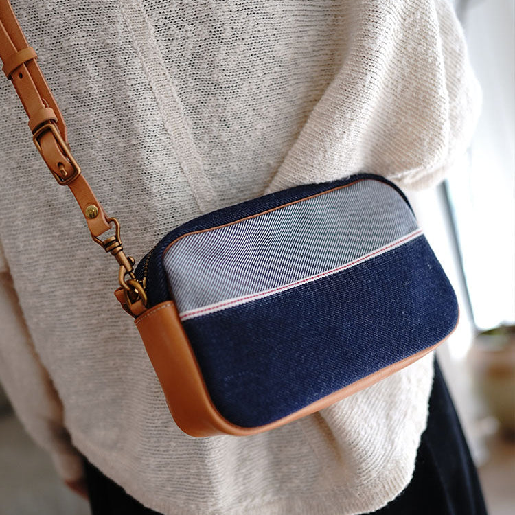 Denim Small Phone Bag Two-tone Denim Leather Crossbody Bag Small Jean Shoulder Bag - Feltify