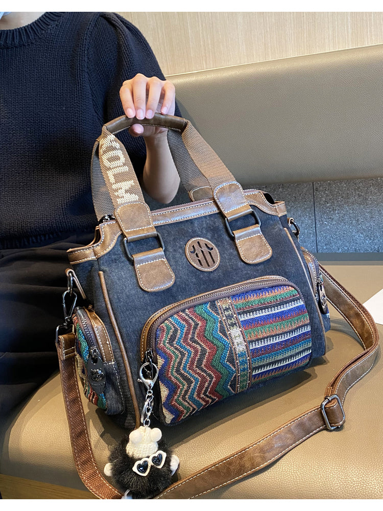 Black Gray Canvas Boston Handbag Black Gray Canvas Shoulder