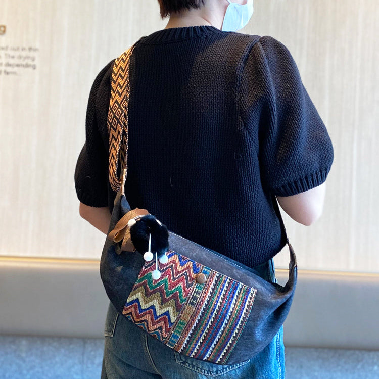 Bohemian Canvas Saddle Shoulder Bag Boho Embroidery Canvas Crossbody Bag - Feltify