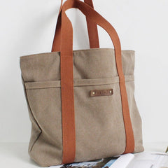 Women Light Khaki Canvas Shopper Tote Bags Canvas Tote